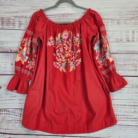 Free People Red Fleur Du Jour Mini Dress S Bold Floral Embroidered Boho Festival - Picture 2 of 14